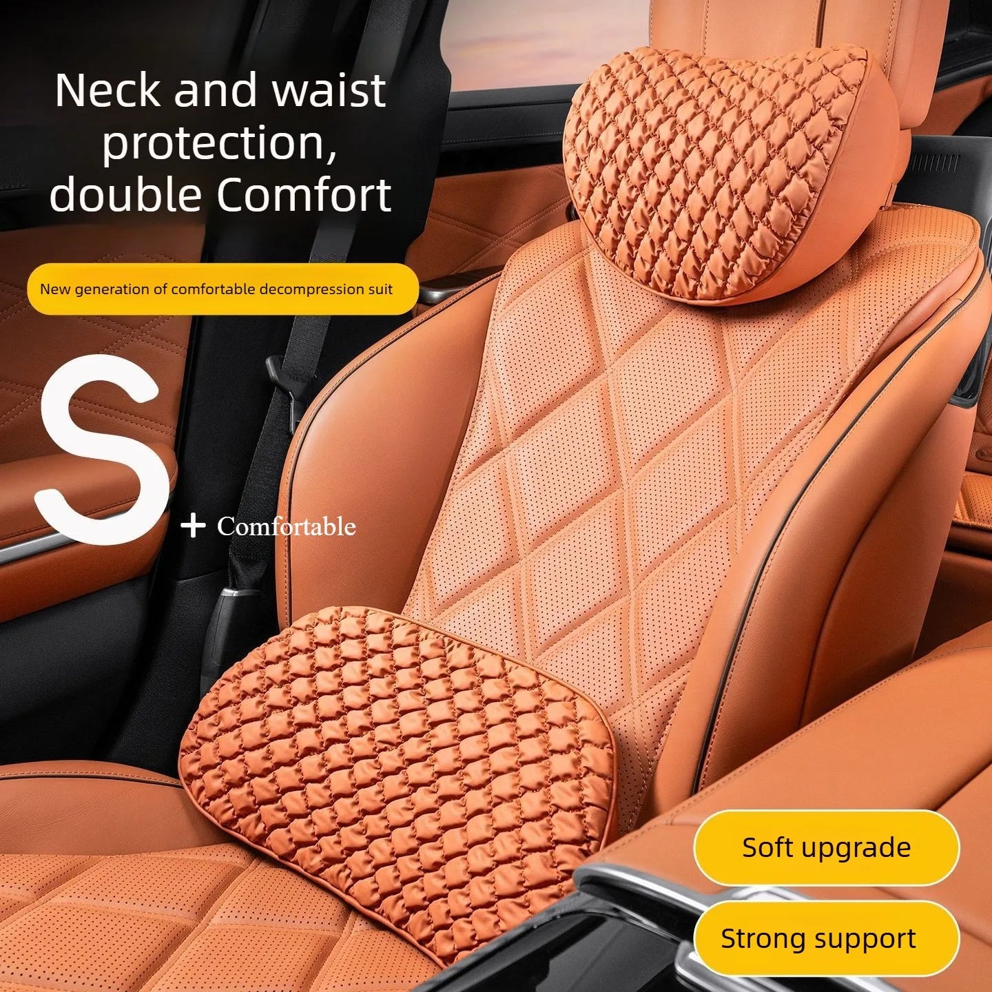 Luxury Leather Car Neck & Lumbar Pillow Set – Ergonomic Memory Foam Headrest and Waist Support for Auto Seats - Delicate Leather