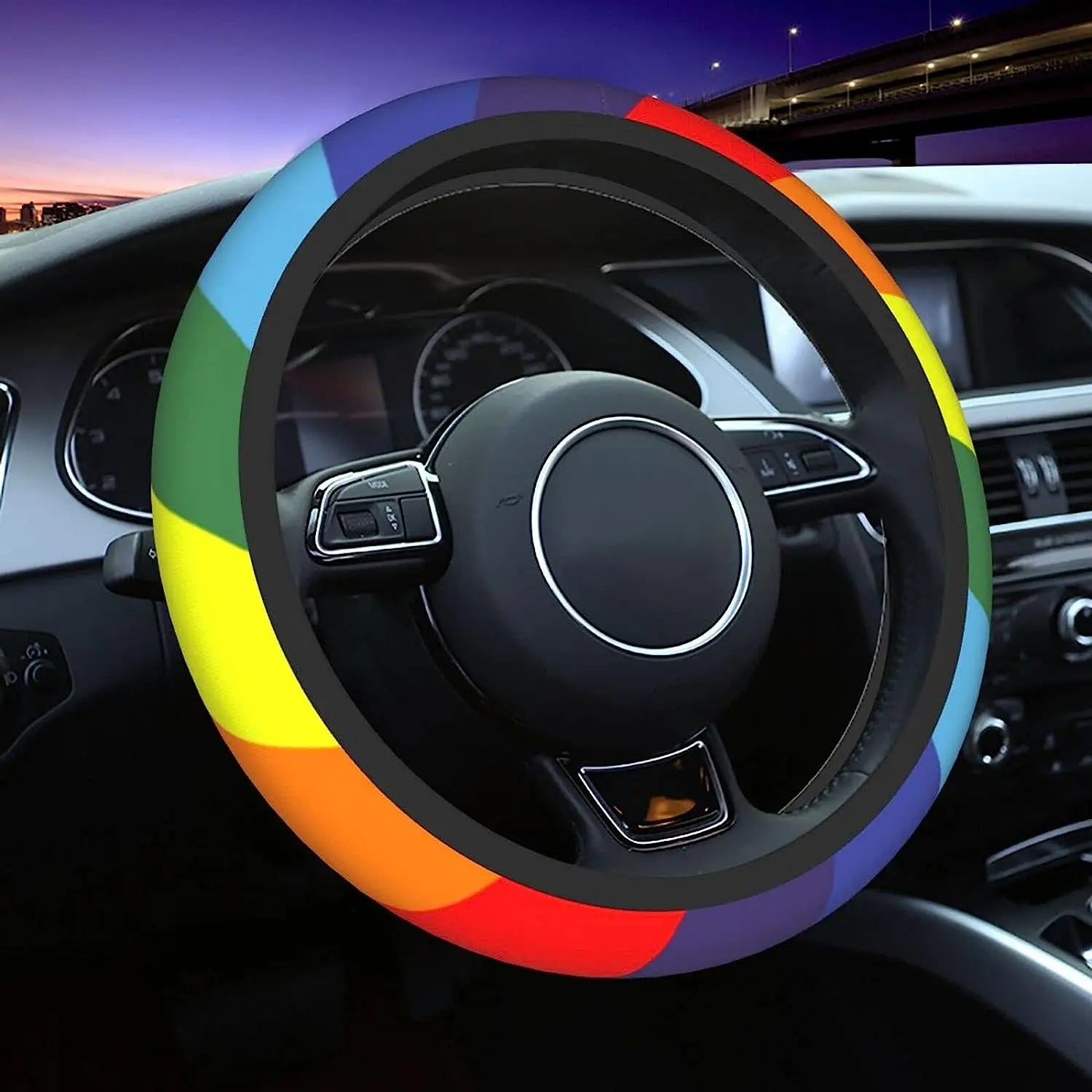 Retro Rainbow Stripes Steering Wheel Cover for Women, Bright Rainbows, Colorful Car Steering Wheel Cover Cute, Car Wheel Cover, Aesthetic Car Decor, Car Gift, Car Accessories 27 - Delicate Leather