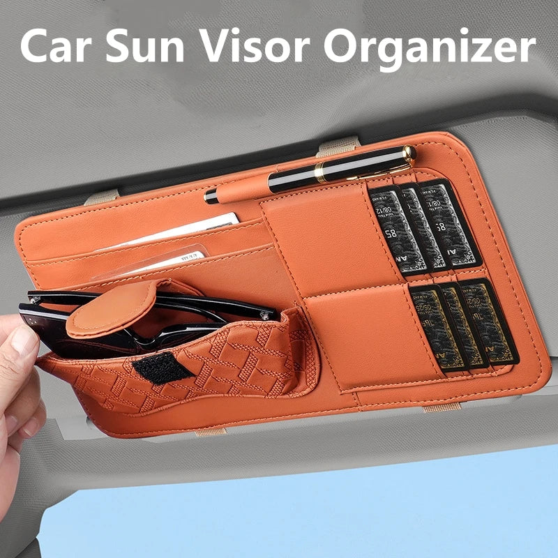 Car Sun Visor Organizer – PU Leather Multifunctional Storage with Glasses Clip, Card Slots & Pen Holders - Delicate Leather