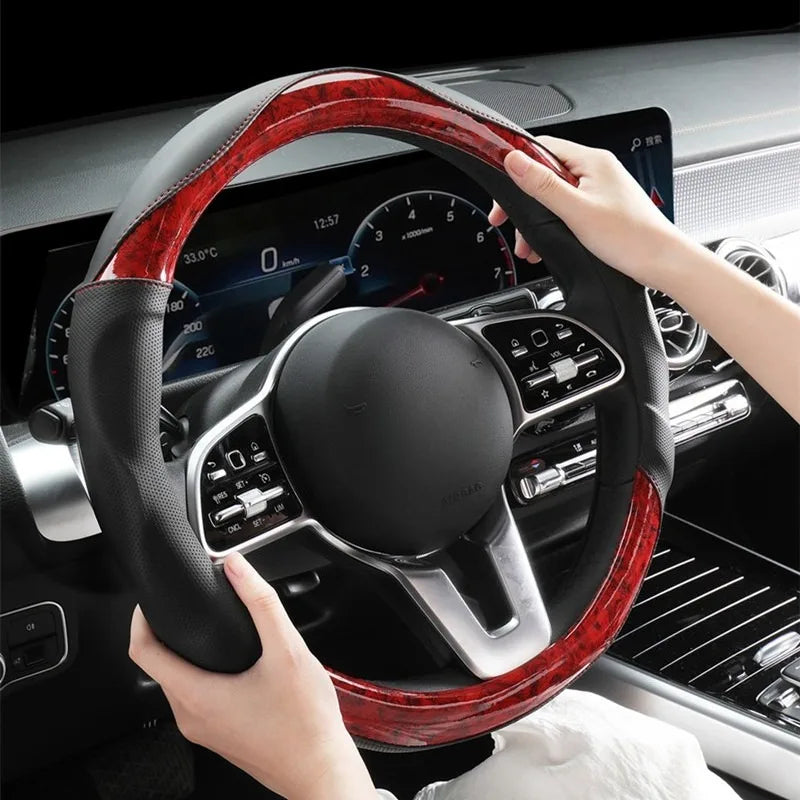 Wood Grain Steering Wheel Cover – Universal Microfiber & Carbon Fiber Leather, 3D Anti-Slip Grip, Breathable All-Season Car Accessory - Delicate Leather