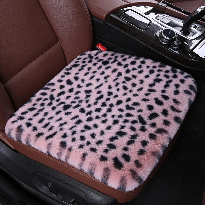 Leopard Fluffy Seat Cushion Cover – Soft Plush Car Seat Protector, Universal Fit Interior Decor for Women - Delicate Leather