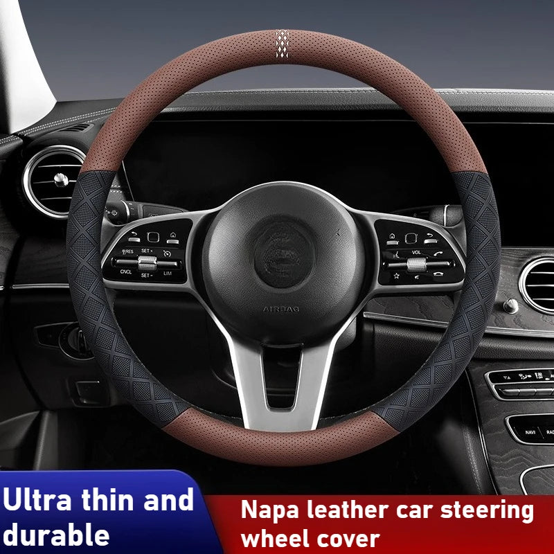 38cm Universal Leather Car Steering Wheel Cover Anti-Slip Breathable Steering Wheel Protector - Delicate Leather