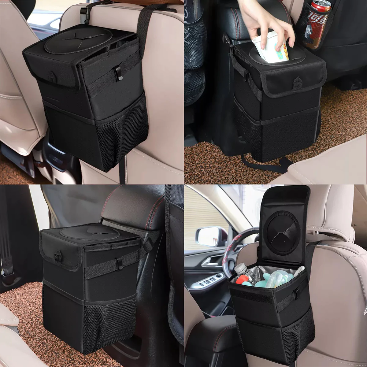 Waterproof Car Trash Can with Lid and Storage Pockets, Custom-Fit For Car, 100% Leak-Proof Car Organizer, Waterproof Car Garbage Can, Multipurpose Trash Bin for Car DLMY234