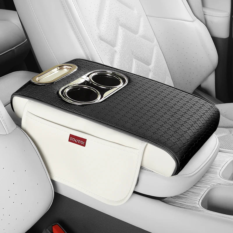 Weaving Leather Car Armrest Organizer – Center Console Cover with Cup Holders - Delicate Leather