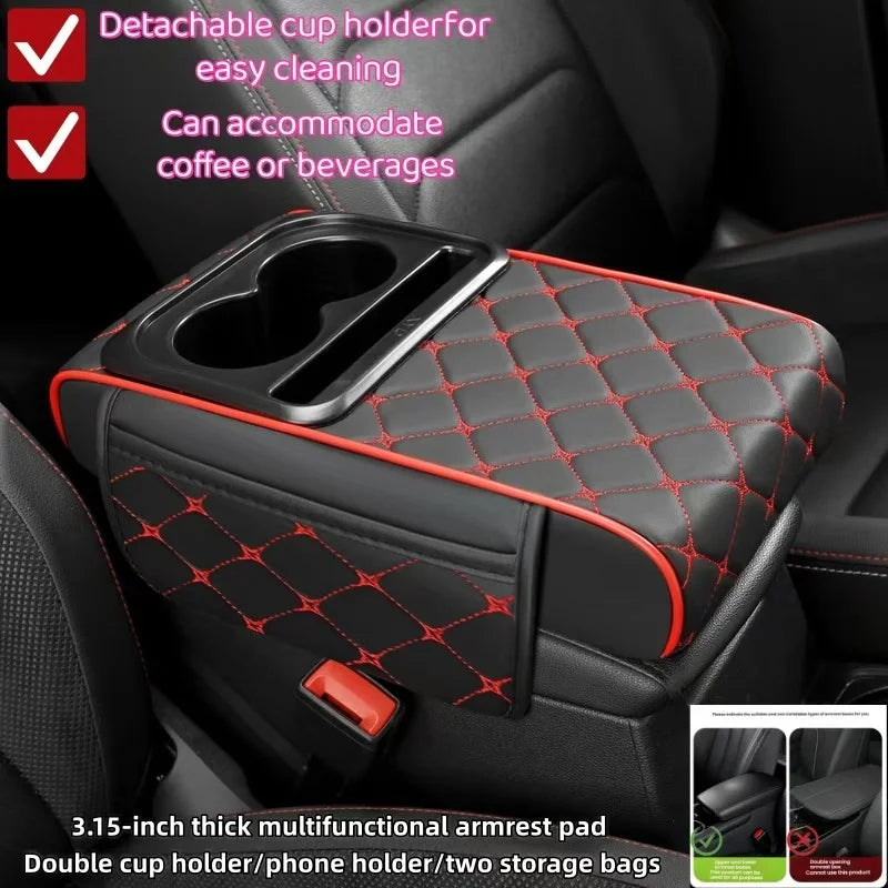 PU Leather Car Center Console Armrest Cushion – Height Pad with Cup Holder and Storage Slots - Delicate Leather