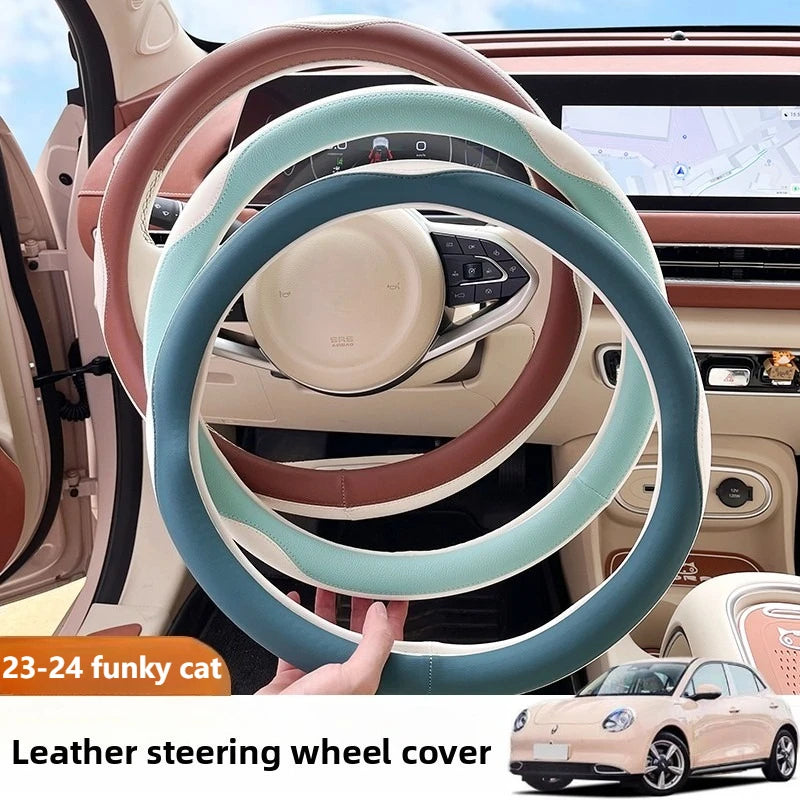 All-Season Leather Steering Wheel Cover for ORA Funky Cat – Non-Slip, Breathable Handle Cover for Interior Upgrade - Delicate Leather