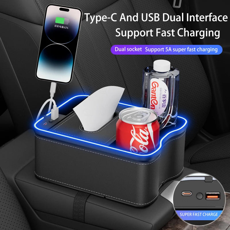 Car Armrest Storage Box with LED Ambient Light & Type-C USB Charger – Universal Center Console Organizer - Delicate Leather