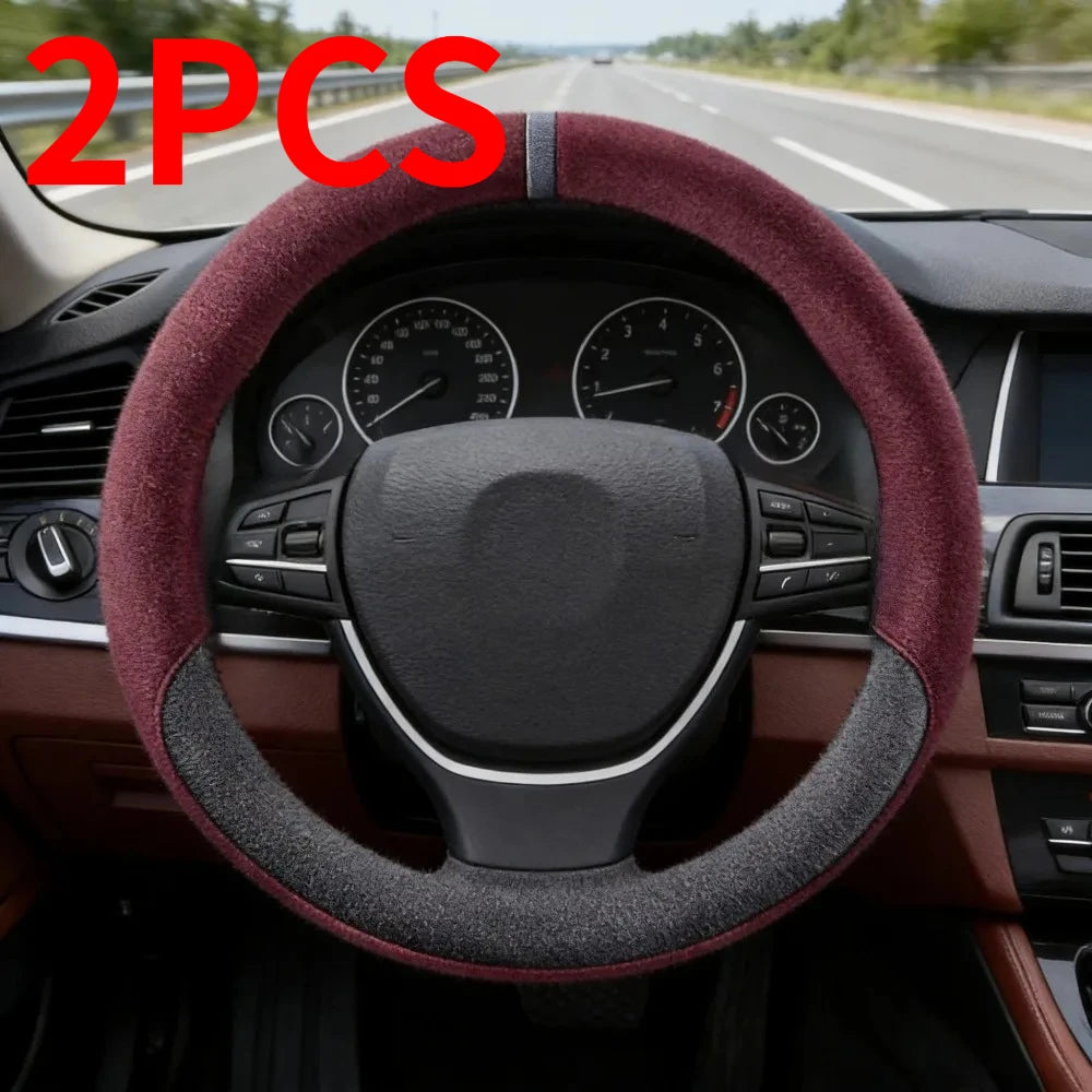 2PCS Suede Steering Wheel Cover – Non-Slip Breathable Comfort Grip, Universal Fit Interior Accessory - Delicate Leather