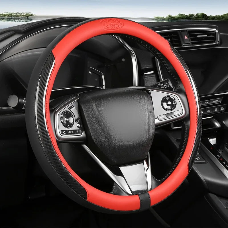 Carbon Fiber Leather Car Steering Wheel Cover – 38CM Universal Fit, Non-Slip Nappa Leather Grip, Breathable & Durable Interior Accessory - Delicate Leather