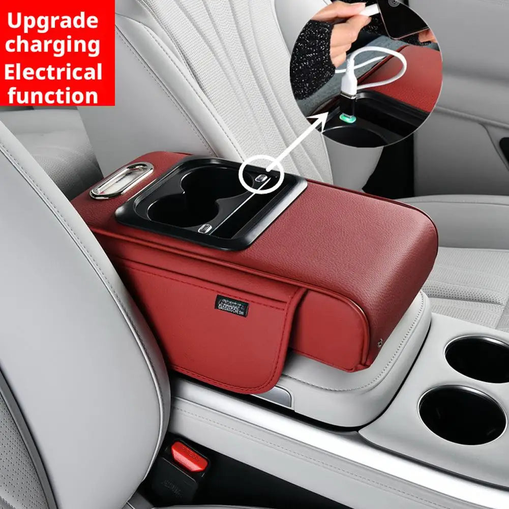 Multi-Functional Car Cup Holder & Armrest Organizer – Center Console Pad with Phone Storage - Delicate Leather