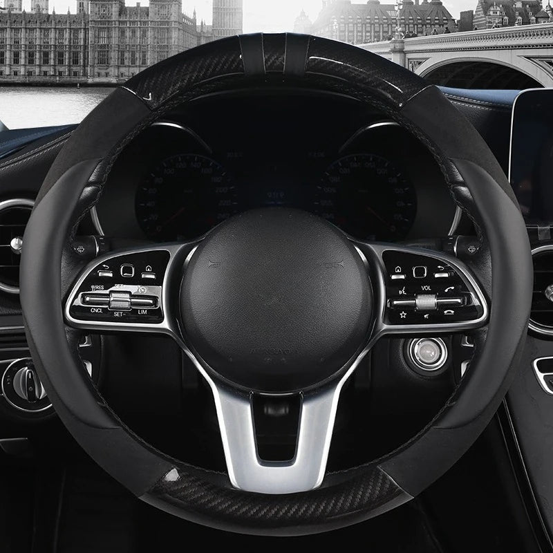 Color-Block Steering Wheel Cover – PU Leather & Suede Anti-Slip 14.5–15 Inch Universal Accessory - Delicate Leather