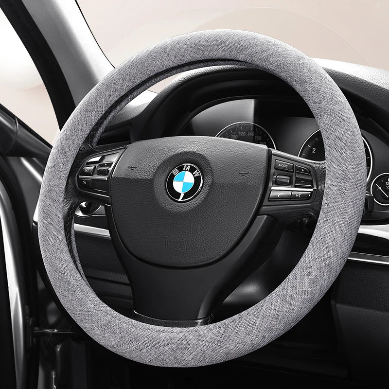 Linen Fabric Steering Wheel Cover – Soft Breathable Anti-Slip Grip, Universal Fit for 14.5–15 Inch Wheels - Delicate Leather