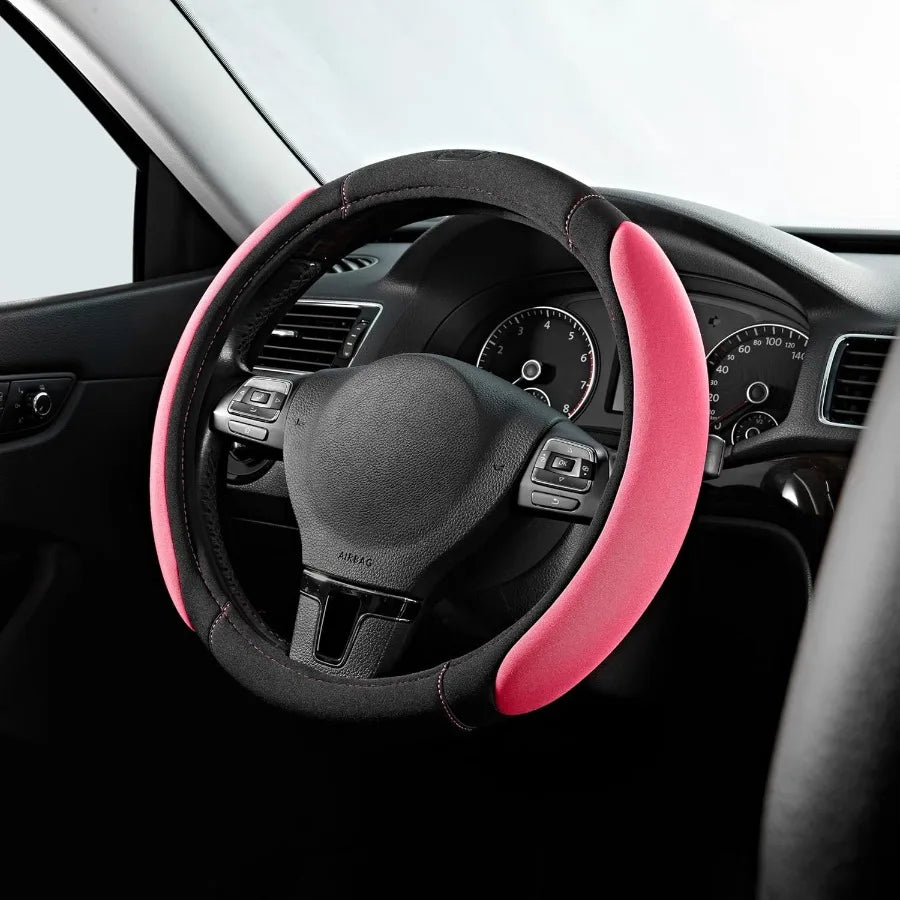 Pink Memory Foam Steering Wheel Cover – Anti-Slip, Comfortable Grip, Universal 14.5–15 inch Car Accessory - Delicate Leather