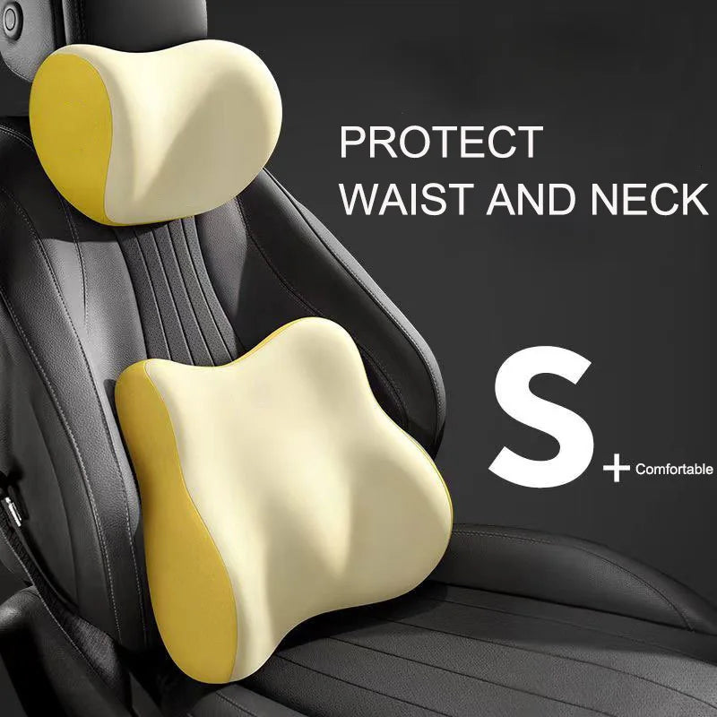 Car Headrest and Lumbar Support Pillow Set – Memory Foam Neck Cushion and Breathable Back Support Pad for Vehicle Seats - Delicate Leather