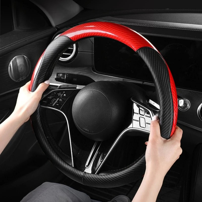 Universal Leather Steering Wheel Cover with Carbon Fiber Style – Non-Slip O/D Type, 14.5–15 Inch - Delicate Leather