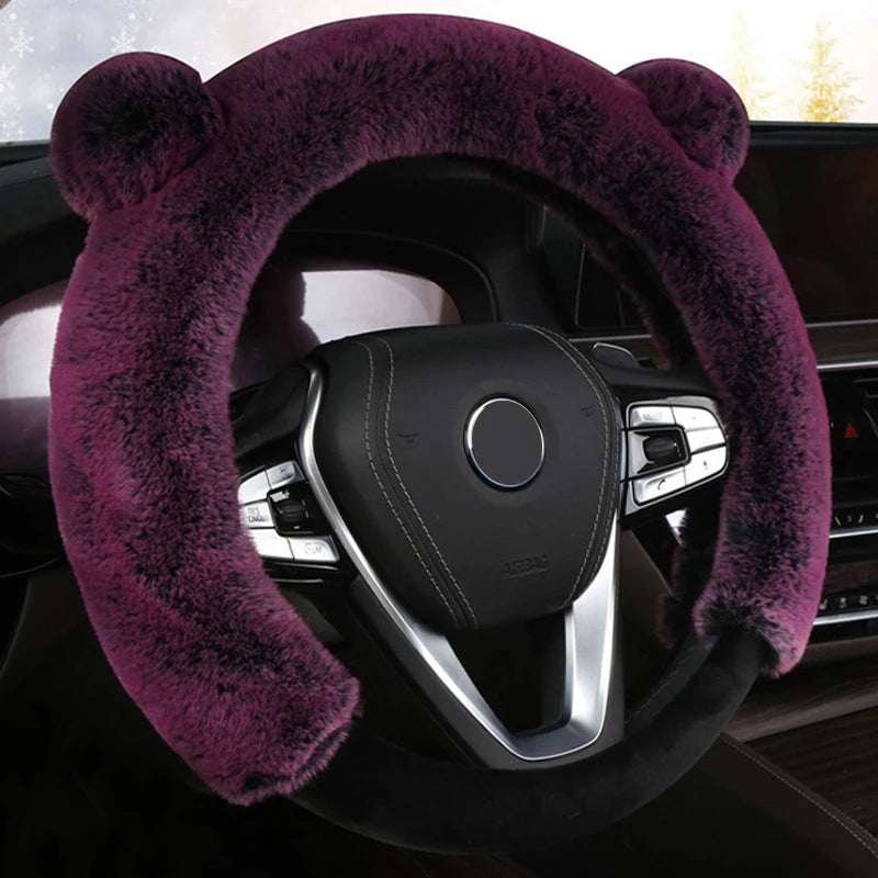 Winter Plush Steering Wheel Cover – Soft Faux Rabbit Fur, Cute Ear Design, Universal Fit 37–38cm - Delicate Leather