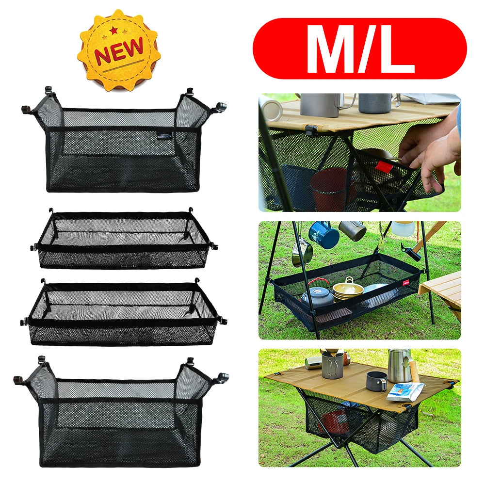 Outdoor Folding Net Bag: Picnic Under-Table Storage Hanging Pocket Organizer Mesh Bag for Desk, Box, and Tripod Rack during Camping and Outdoor Activities - Delicate Leather