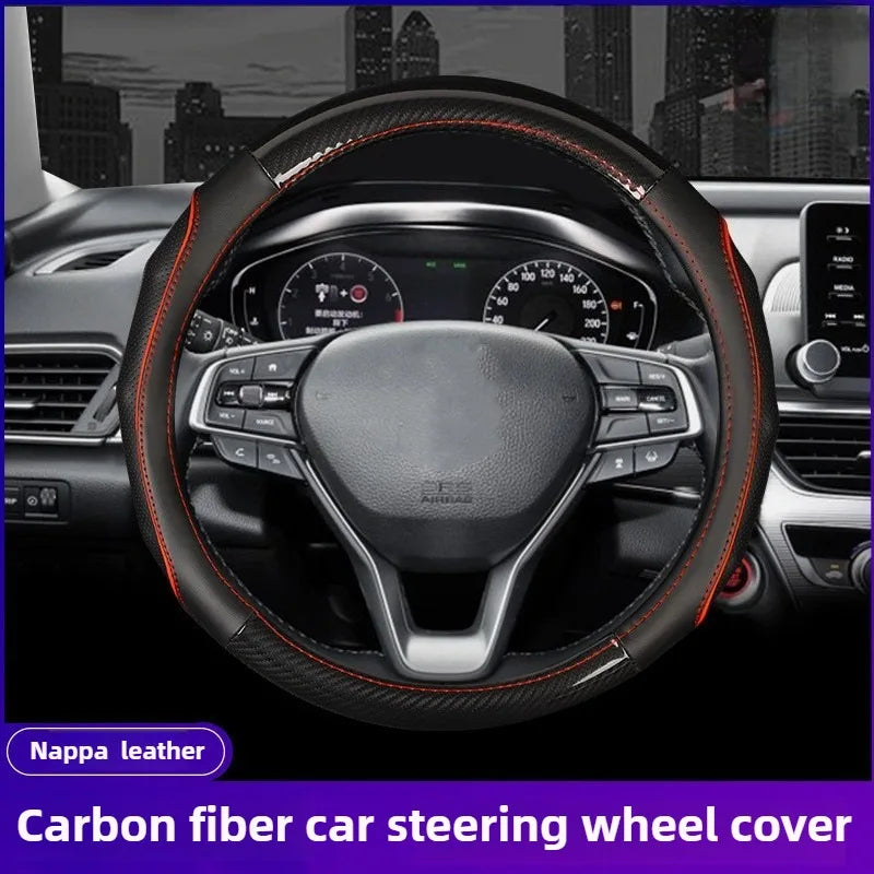 Carbon Fiber & Nappa Leather Steering Wheel Cover – Universal 37–38cm, Non-Slip Silicone Grip, 3D Textured Design, Breathable & Durable - Delicate Leather