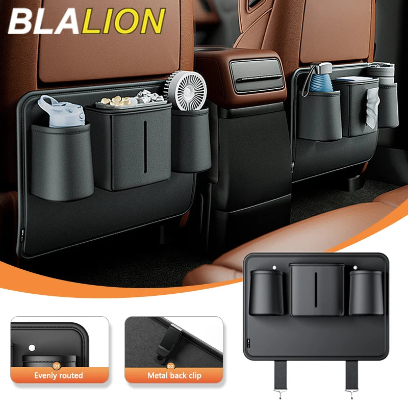 PU Leather Car Seat Back Organizer – Anti-Kick Storage Bag with Tissue Pocket, Cup Holder & Trash Bin - Delicate Leather