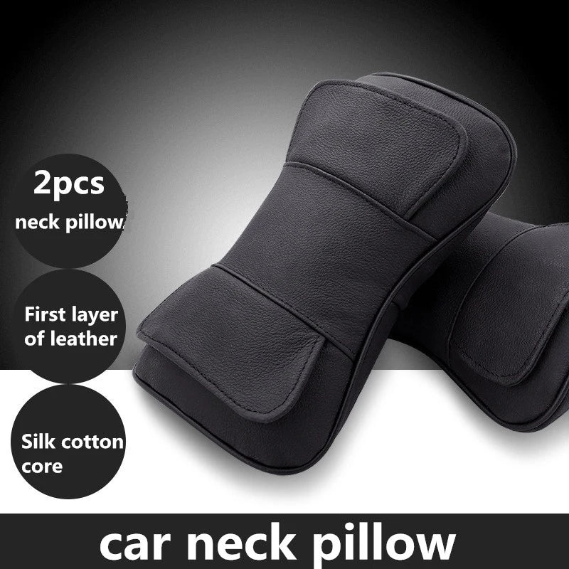 Genuine Leather Car Seat Headrest Pillow – Ergonomic Neck Support Cushion, Universal Auto Interior Accessory (2PCS)