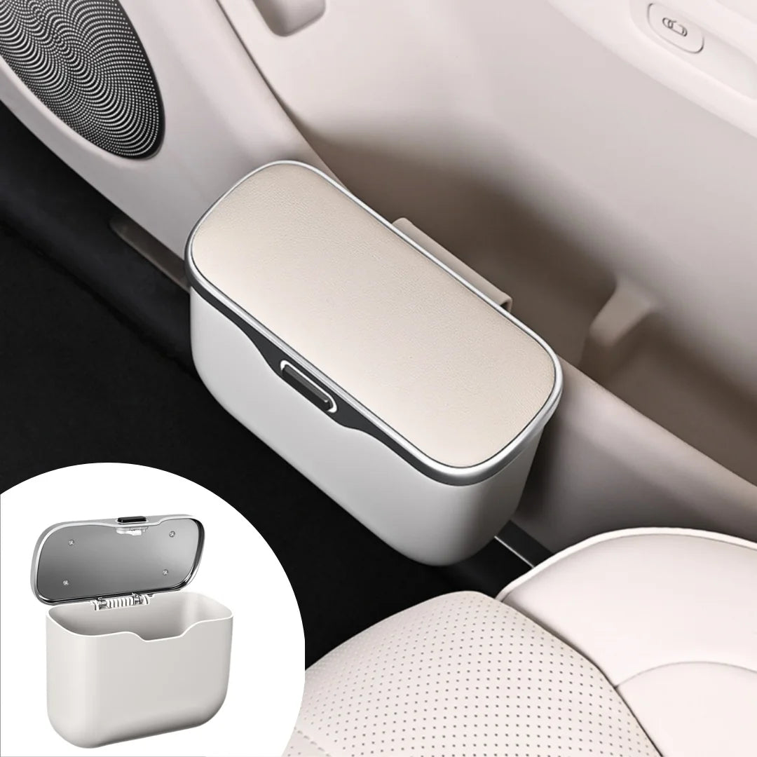 Car Trash Can with Lid and Mobile Phone Holder – 5L Rear Seat Hanging Storage Bin, Pressing-Type Square Waste Container - Delicate Leather