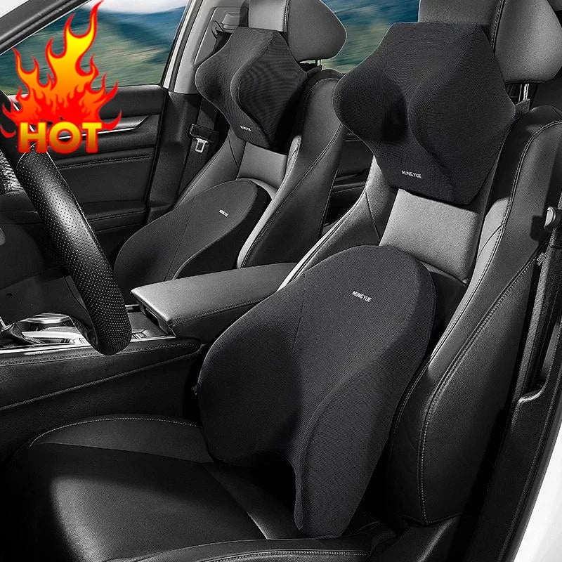 Memory Foam Car Neck Pillow with Lumbar Support – Breathable Headrest Cushion for All Seasons Driving Comfort - Delicate Leather