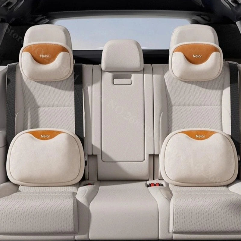 Memory Foam Car Neck Pillow and Lumbar Support – Breathable Headrest and Backrest Cushion Set - Delicate Leather