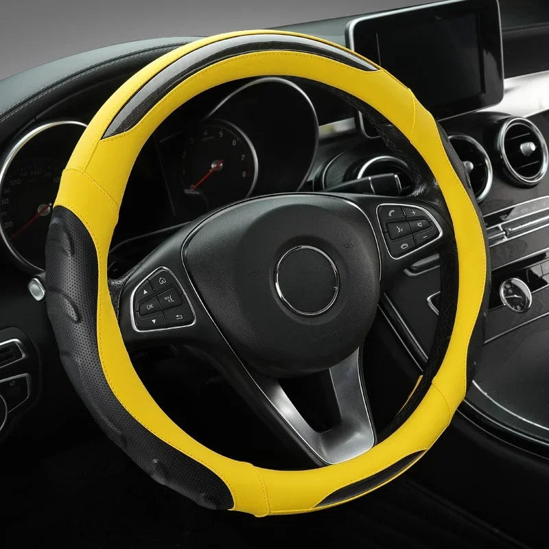 Perforated PU Leather Steering Wheel Cover with Carbon Fiber Texture – Non-Slip & Breathable, Universal Fit for 14.5–15 Inch Wheels - Delicate Leather