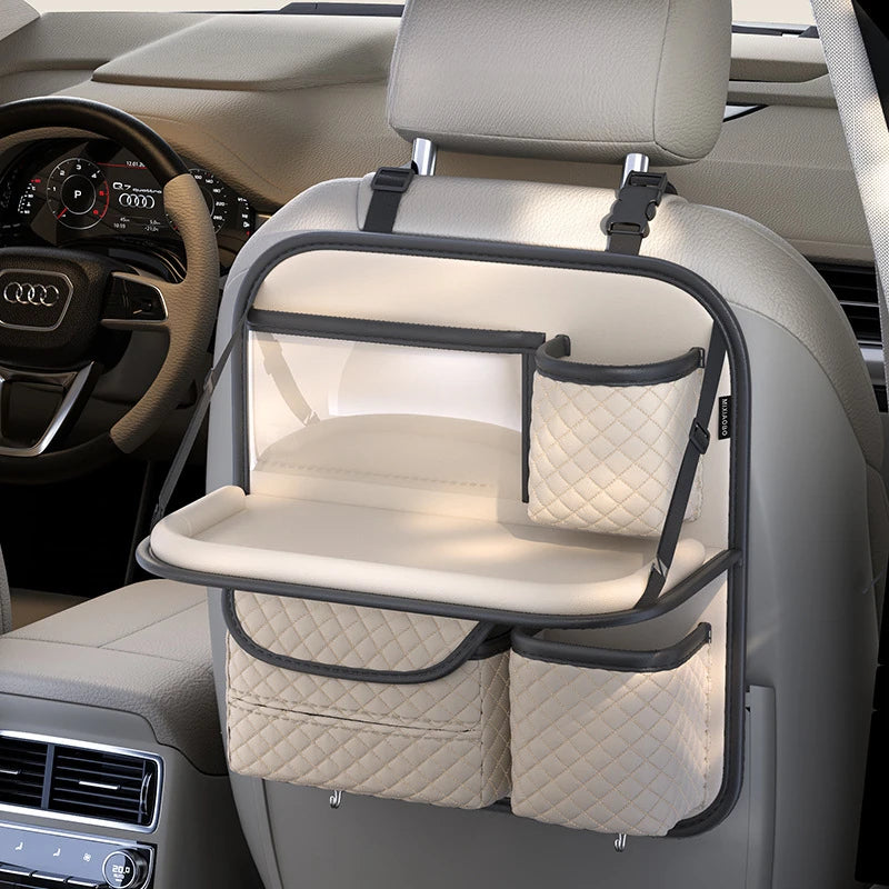 Car Seat Back Storage Organizer with Foldable Table – PU Leather Backseat Hanging Organizer with Phone & Tissue Holder - Delicate Leather