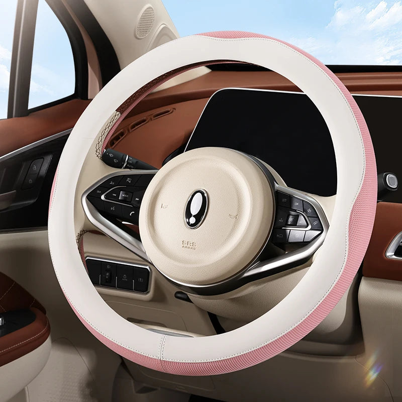 PU Leather & Mesh Car Steering Wheel Cover – Universal Fit, Breathable & Non-Slip Design for All-Season Comfort - Delicate Leather