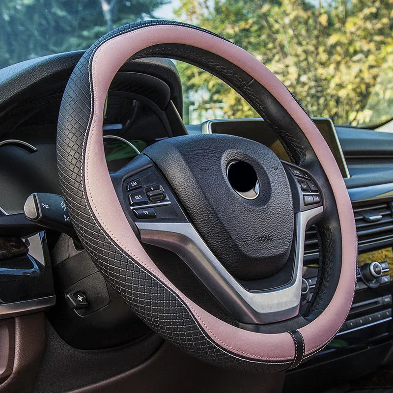 Steering Wheel Cover 37-38cm – Anti-Slip Diamond Wave Pattern Leather Car Handle Cover - Delicate Leather