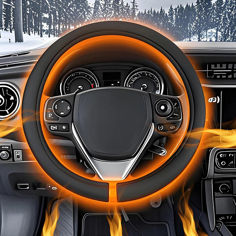 12V Heated Steering Wheel Cover – Fast Heating Plush Wheel Protector for Winter Driving - Delicate Leather