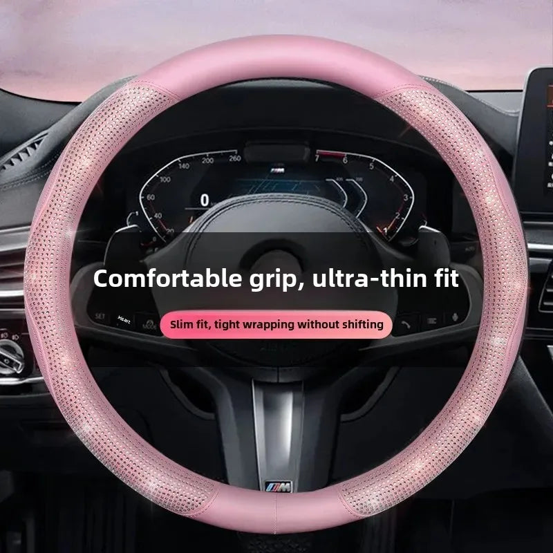 Shining Rhinestone Pink Steering Wheel Cover – Sparkling Crystal Diamond Car Interior Accessory for Women, 15-inch Universal Fit - Delicate Leather