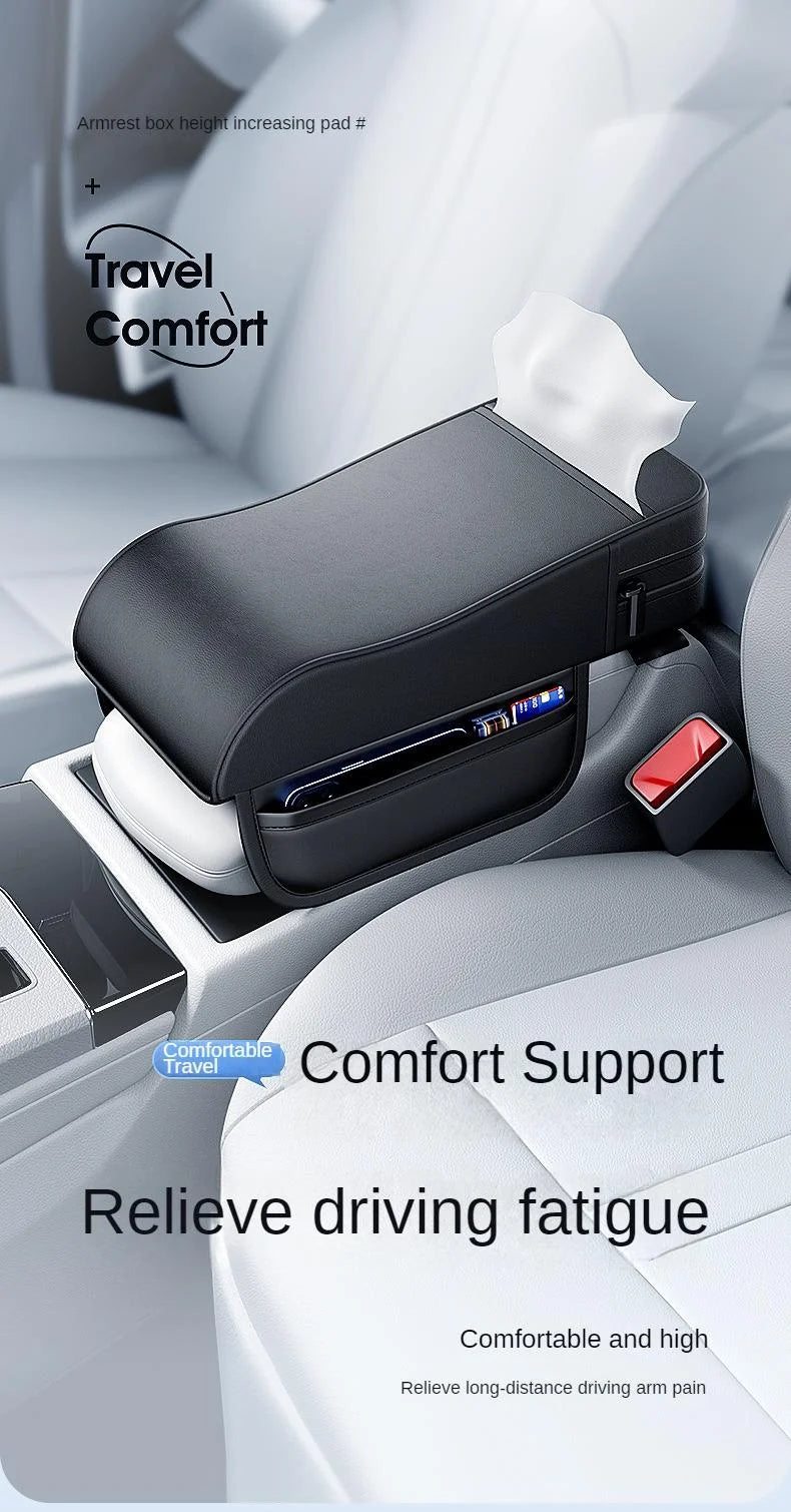 Car Armrest Cushion with Tissue Holder – Leather-Style Height Pad for Center Console - Delicate Leather