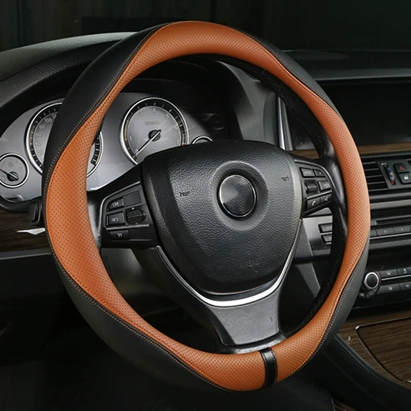 Leather Car Steering Wheel Cover Universal Fit 36cm 38cm 39cm – Anti-Slip Interior Steering Protector - Delicate Leather
