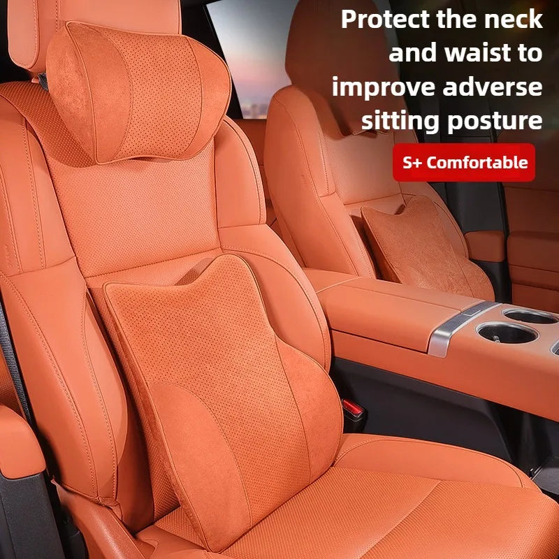 Memory Foam Car Headrest & Waist Pillow - Suede Leather Lumbar Support Seat Accessories - Neck Pillows & Back Cushion - Delicate Leather