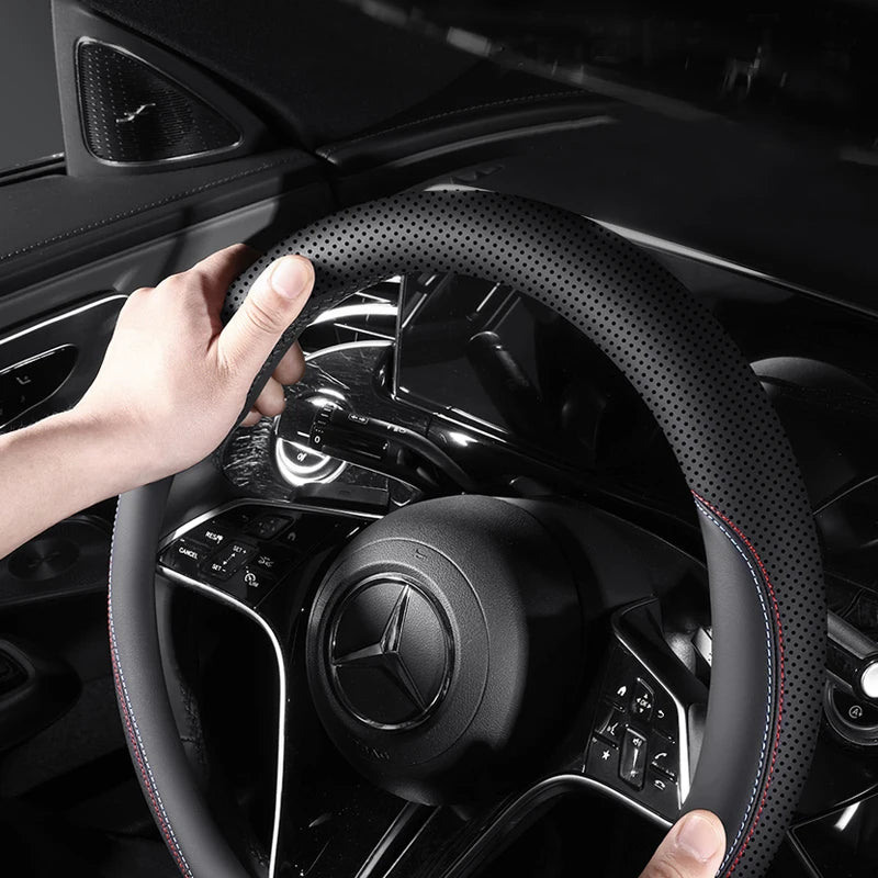 Leather Steering Wheel Cover – Anti-Slip 38cm Universal Luxury Style Interior Accessory - Delicate Leather