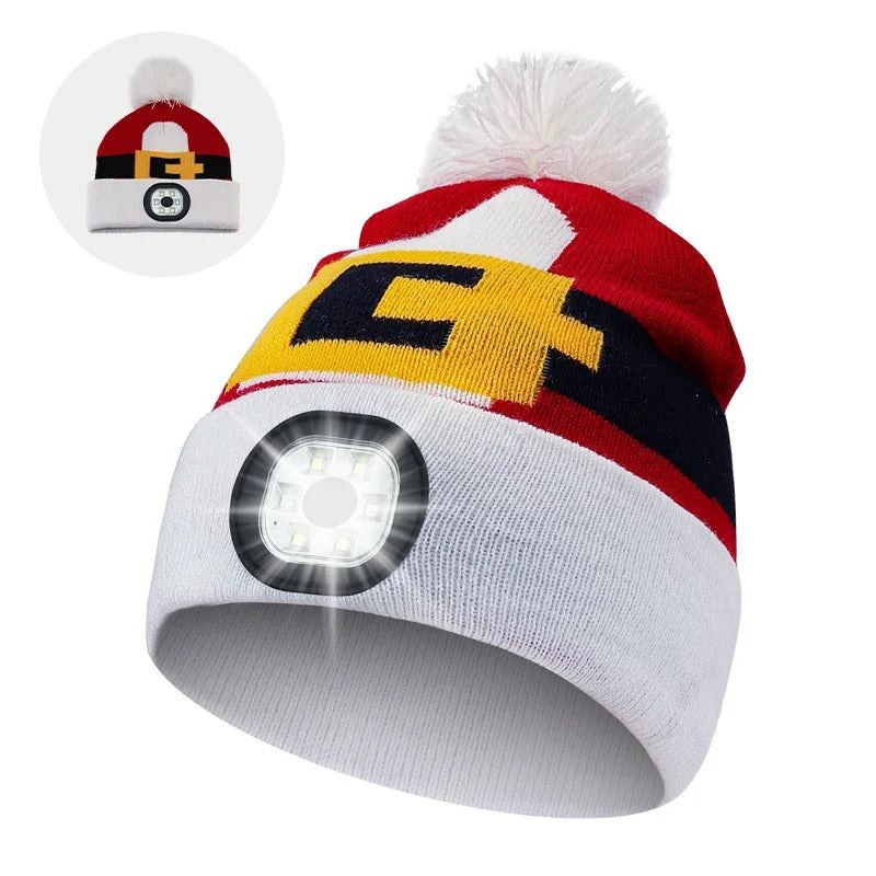 LED Flashlight Beanie Hats for Kids - Rechargeable Washable LED Head Lamp Hat - Winter Warm Caps with Hands-Free Lights for Outdoor Use - Delicate Leather