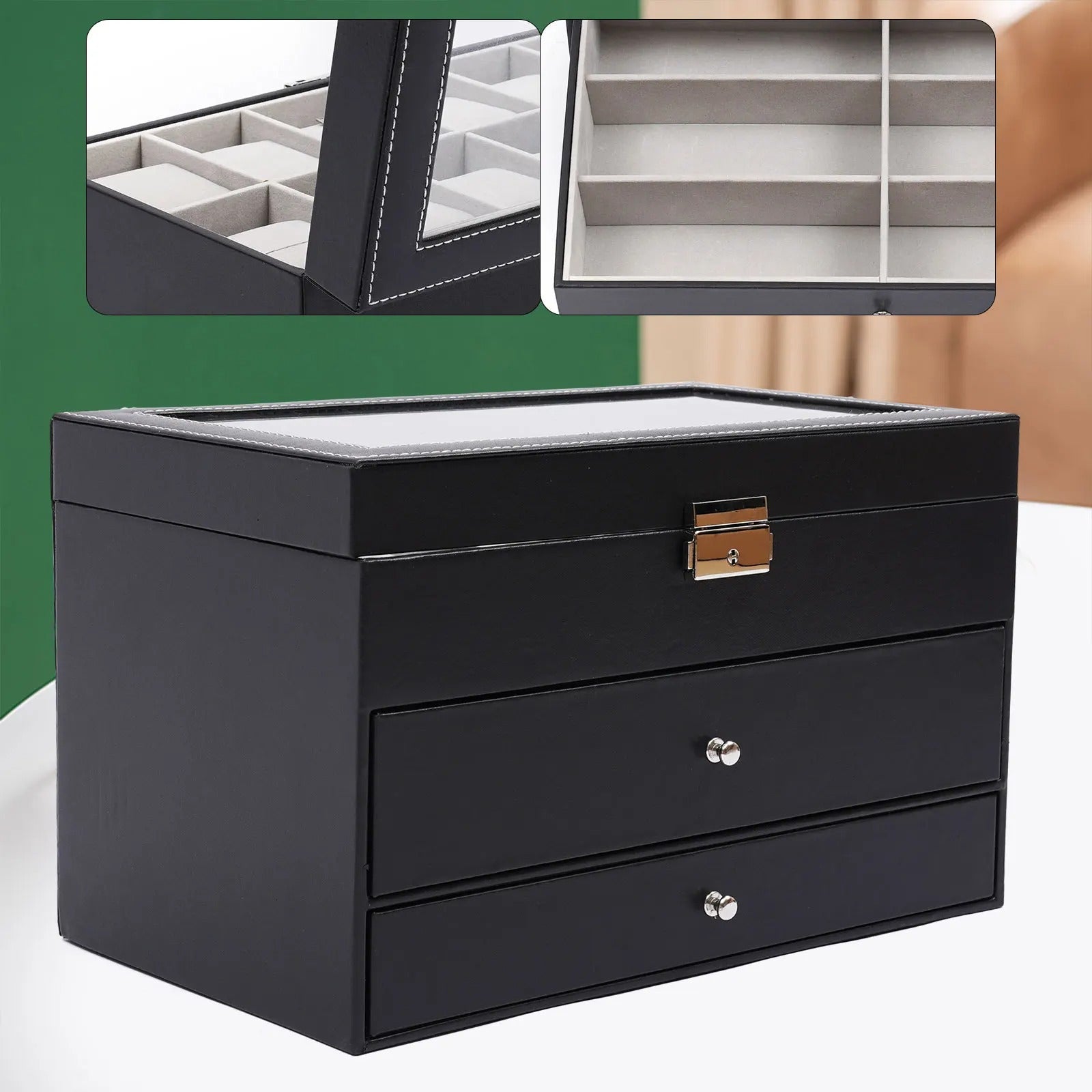 3 Layer Black Leather Watch and Eyeglasses & Sunglasses Box - Delicate Leather