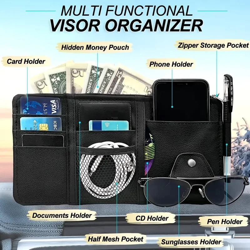 Car Visor Organizer - Sunglasses Holder and Visor Accessories for Trucks - Delicate Leather