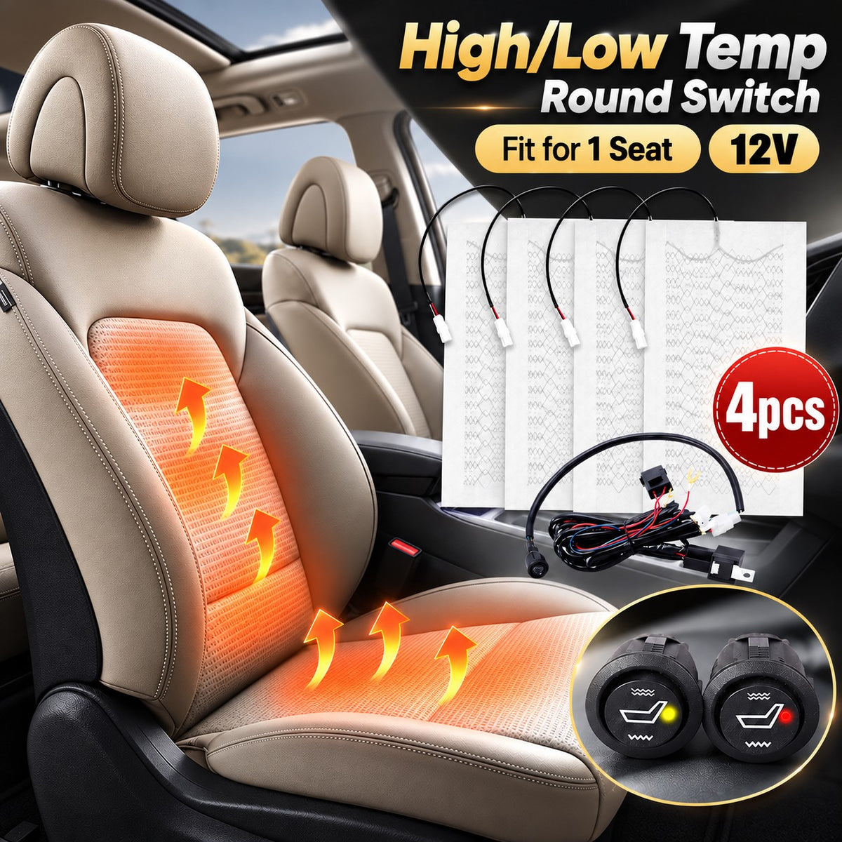 12V Auto Seat Heater Pads - Carbon Fiber Heating Pads with Round Switch for Winter Warmth (2Pcs/4Pcs Set) - Delicate Leather