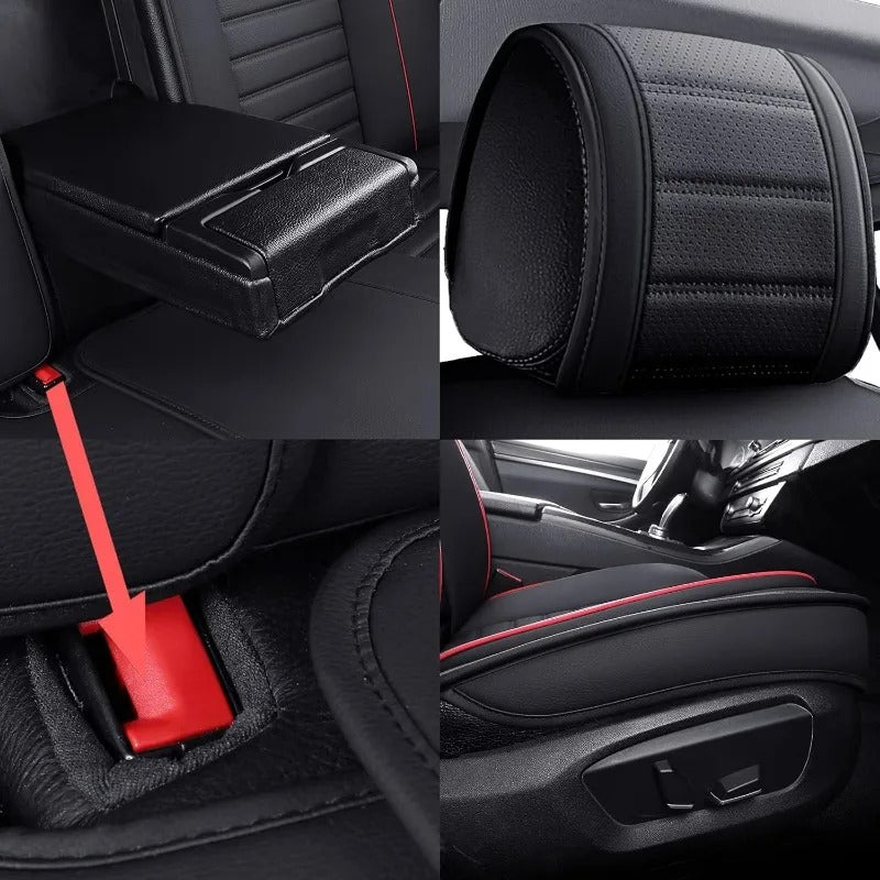 Waterproof Leather Car Seat Covers, Full Set Cushion Protectors for 5-Seat Vehicles (Black Red)