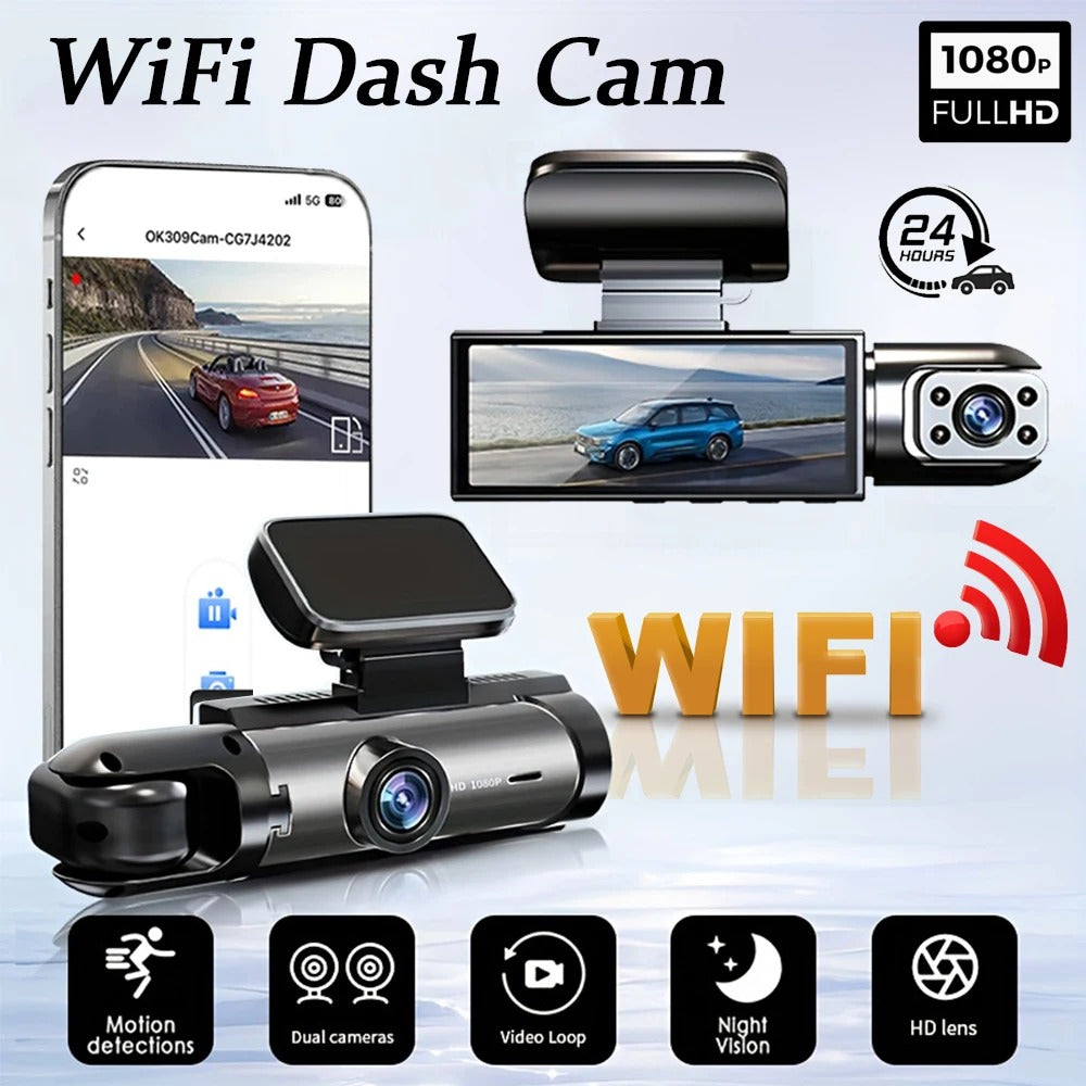 1080P WiFi Dual Camera Dash Cam, Front and Inside, with IR Night Vision and Loop Recording (Black)