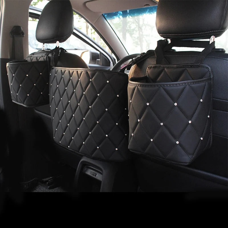 Crystal Rhinestone PU Leather Car Storage Bag – Stylish Backseat Organizer with Multi-Pockets
