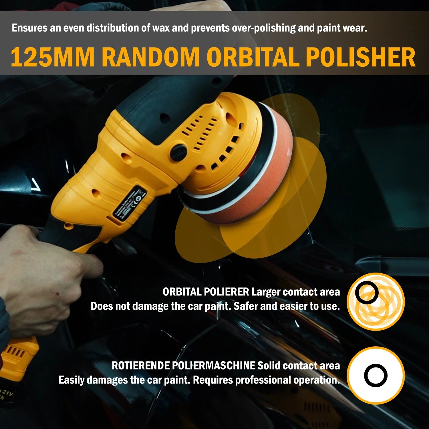 Cordless Orbital Polisher 125mm – 6-Speed Random Dual Action with Overheat Protection - Delicate Leather