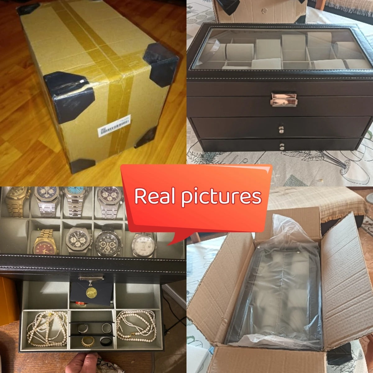 3 Layer Black Leather Watch and Eyeglasses & Sunglasses Box - Delicate Leather