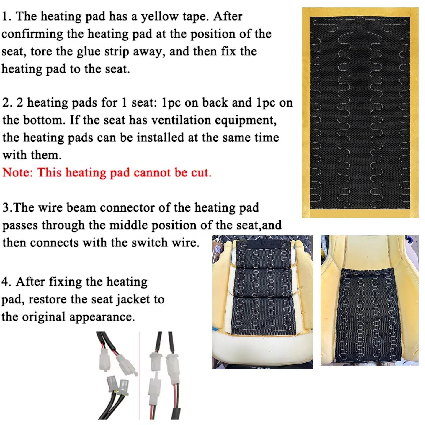 12V Universal Car Seat Heater Kit for 2 Seats – Alloy Wire Heating Pads with 3-Level Control Switch & Wiring Harness - Delicate Leather