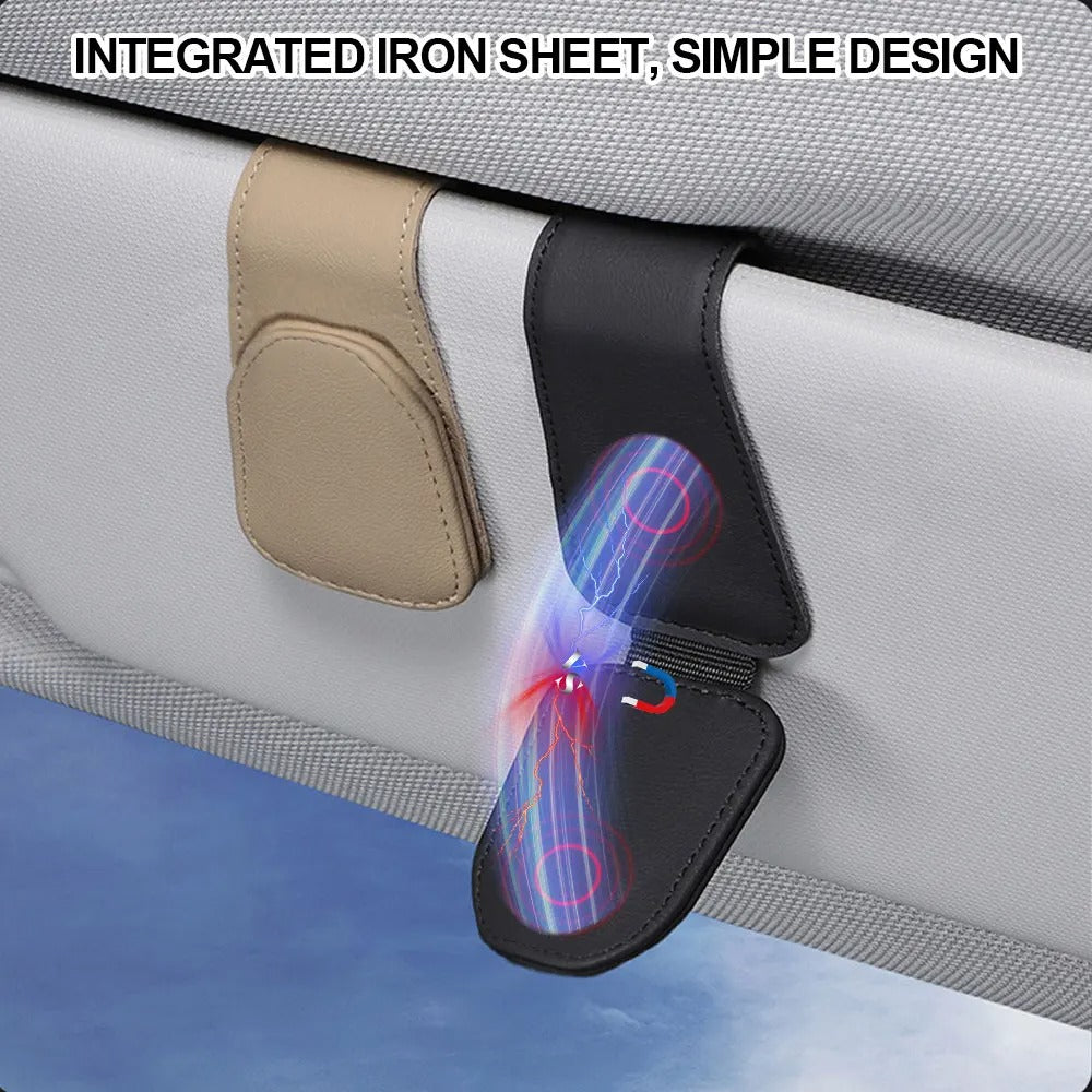 Glasses Holder Clip for Car Auto Sun Visor - Universal Eyeglass Hanger Clip - PU Leather Magnetic Multi-Function Storage