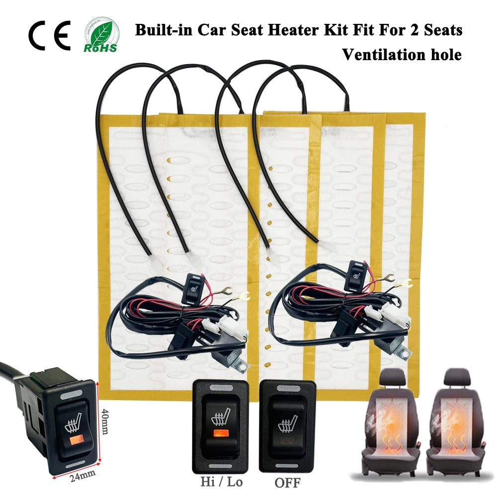 12V 100W Universal Car Seat Heater Kit for 2 Seats – Alloy Wire Heating Pads with Ventilation Holes & 2-Level Switch - Delicate Leather