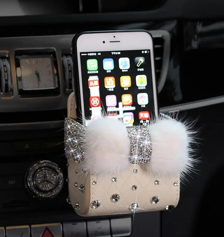 Diamond Crystal Bowknot Car Storage Box – Mink Fur Vent-Mounted Cosmetics & Phone Holder, Gift For Mother's Day 2025 - Delicate Leather